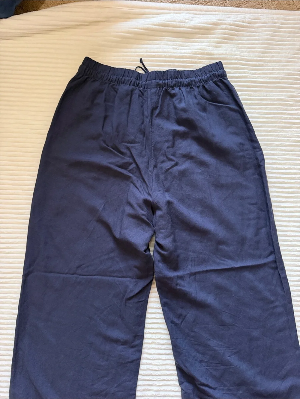 H&M Linen Blend Wide Leg Pants Pockets Drawstring Elastic Airy Flowy Navy S